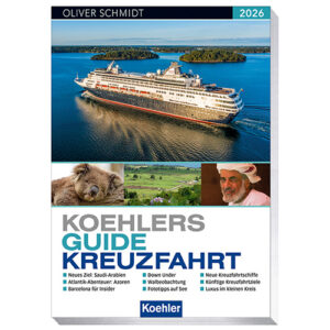 Koehlers Guide Kreuzfahrt 2026, jetzt erhältlich, mit ansprechendem Design und praktischen Informationen.
